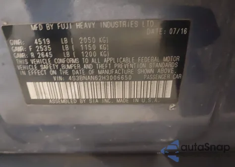 2017 Subaru Legacy 2.5I Limited из США, поврежденный, VIN 4S3BNAN62H3006650